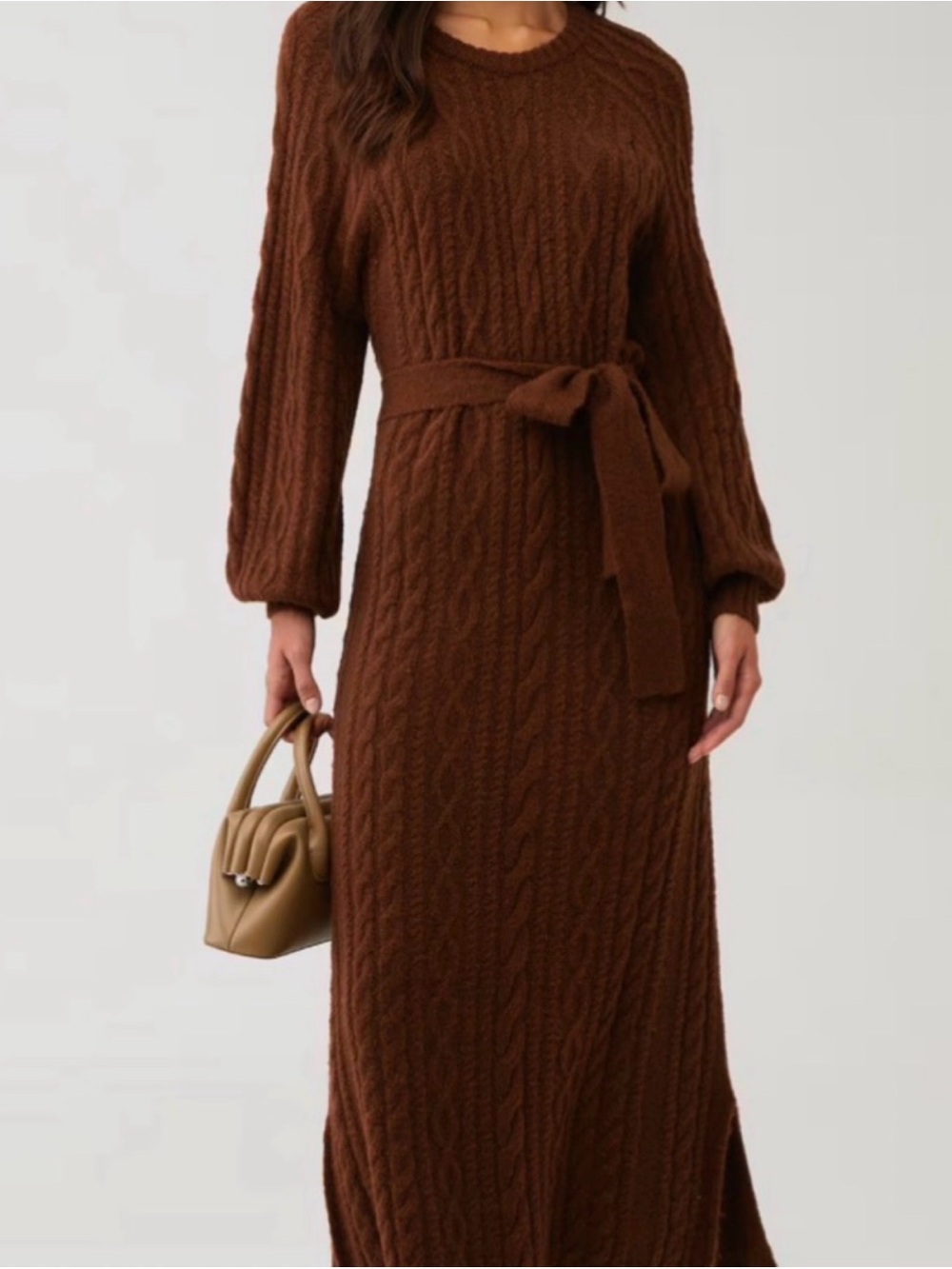 Show me your mumu barb sweater Brown Cable-Knit Belted Long Sleeve Sweater Dress